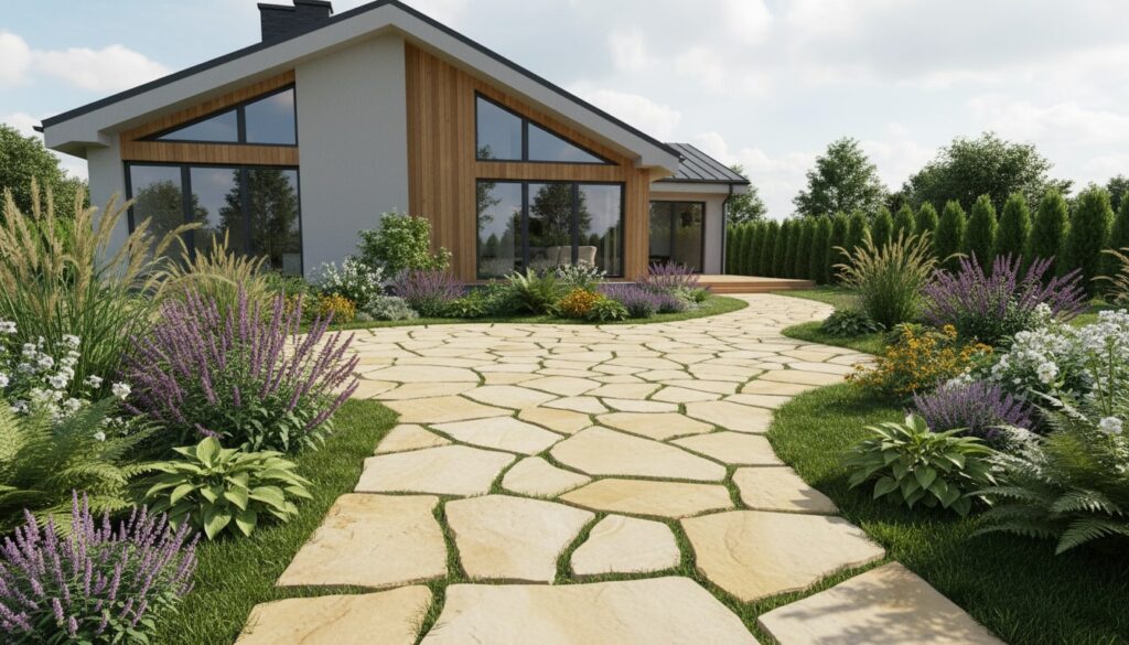 Naturalne slaby z piaskowca Długopole ułożone w formie ścieżki i tarasu w ogrodzie przy nowoczesnym domu jednorodzinnym. Nieregularne płyty o ciepłej, jasnożółtej barwie tworzą elegancką i trwałą nawierzchnię wkomponowaną w zieleń, krzewy ozdobne i rabaty z lawendą. Aranżacja pokazuje zastosowanie naturalnego kamienia jako alternatywy dla kostki brukowej lub płyt betonowych w projektach ogrodowych. 🌍 Alt (EN): Natural sandstone slabs (Długopole type) used as a stylish garden path and terrace surface in front of a modern single-family house. The irregular beige stones blend harmoniously with green plants and ornamental flowers, illustrating the use of natural sandstone as an eco-friendly alternative to concrete or paving blocks.
